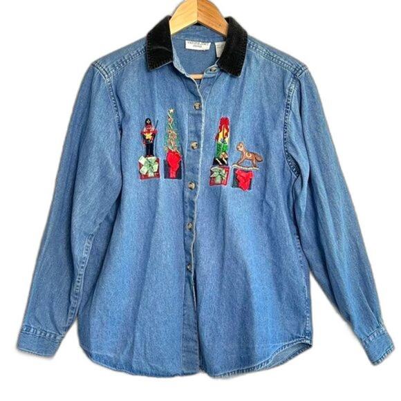 Victoria Jones Women's Christmas Denim Button Up Petite Large Collared - Picture 1 of 8